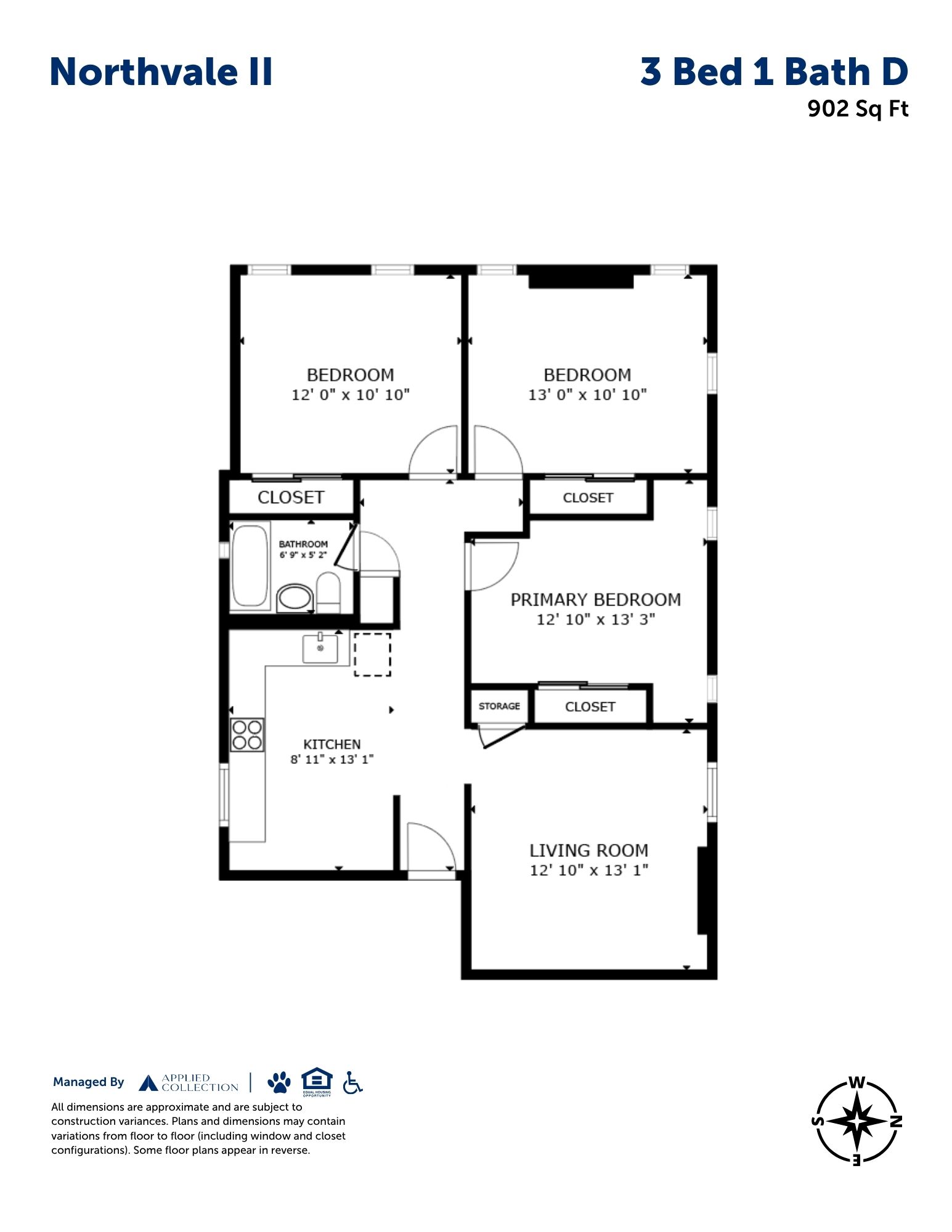 Floor plan for 3 beds, 1 bath, 902 sqft